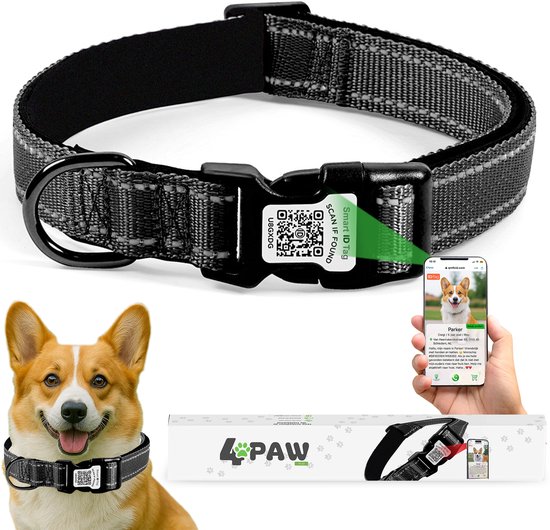 Collier réfléchissant pour chien 4Paw® avec code QR taille S - collier pour chat - collier pour chien - colliers, laisses et harnais - collier pour chiot - collier pour chien avec naam Zwart