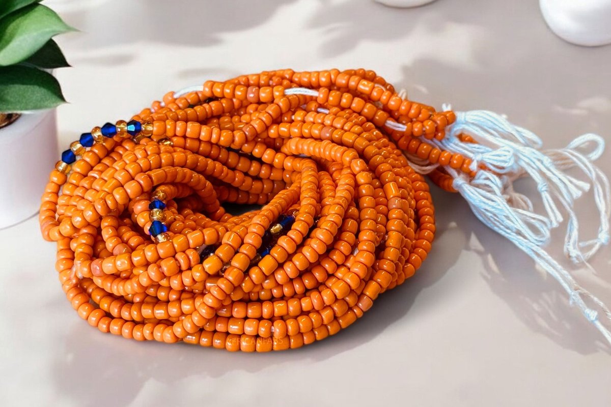 AfricanFabs® Waist Beads / Afrikaanse Heupketting - Okpara - Oranje / blauw (Traditioneel niet-elastisch koord) - Buikketting - Taille ketting
