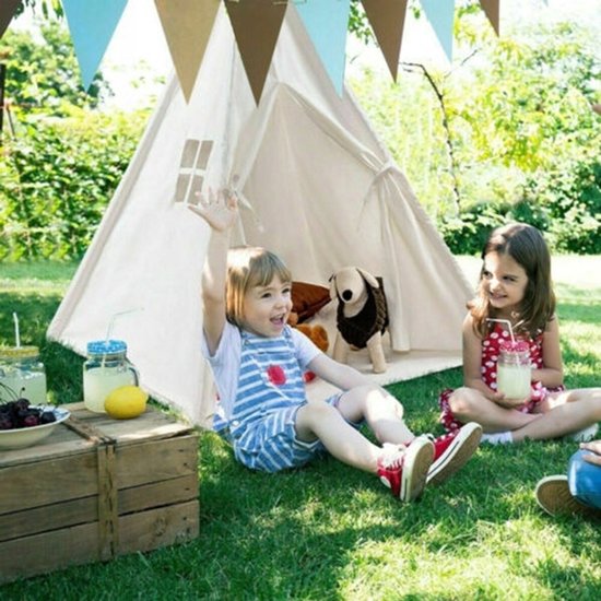 Kindertent Speelhuis - 120*120*130cm - Wit - Indian Castle House - Met Zijraam - Katoenen Canvas