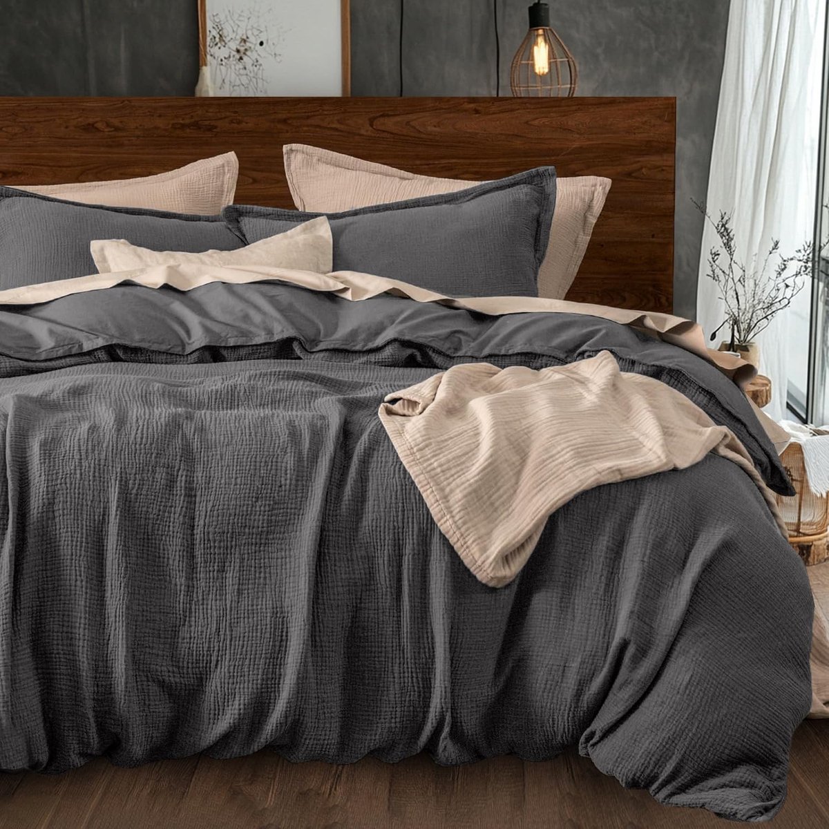 Ibenzoa Zachte en Ademende Dubbele Mousseline Bedding Set – Donkergrijs met Kussensloop