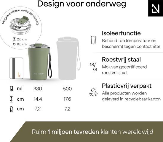 LARS NYSØM - Tasse à Coffee Thermo à emporter 'Rørelse' 380 ml - Sans BPA avec isolation - Avec sangle de transport et couvercle en Tritan - Sage