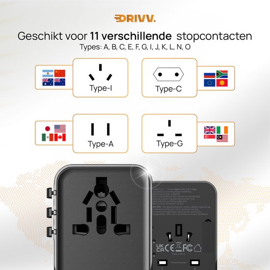 DRIVV. wereldstekker met aansluitingen voor Type I, C, A, G. Geïllustreerd met vlaggen van o.a. Argentinië, China, VS, VK, Ierland en Japan.