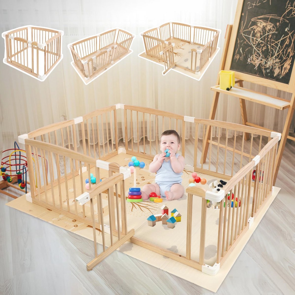 Houten Speelpen met Vloermat voor Baby's - Verstelbaar Baby Hek voor Binnen en Buiten