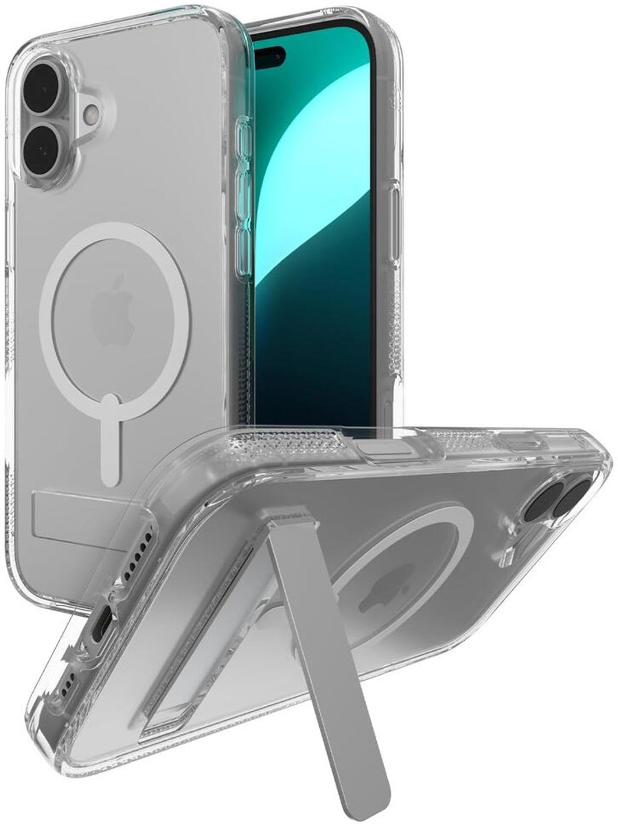 ZAGG Crystal Palace Snap Kickstand - Hoesje Geschikt voor Apple iPhone 16 Plus - Compatibel met MagSafe / Qi2 - Grafeen Back Cover met Standaard - 4M Valbescherming - Transparant