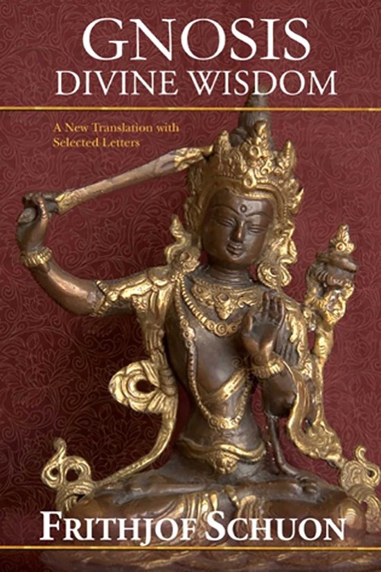 Boekhoes voor "GNOSIS DIVINE WISDOM" met een gouden beeld van een godheid, geschreven door FRITHJOF SCHUON.