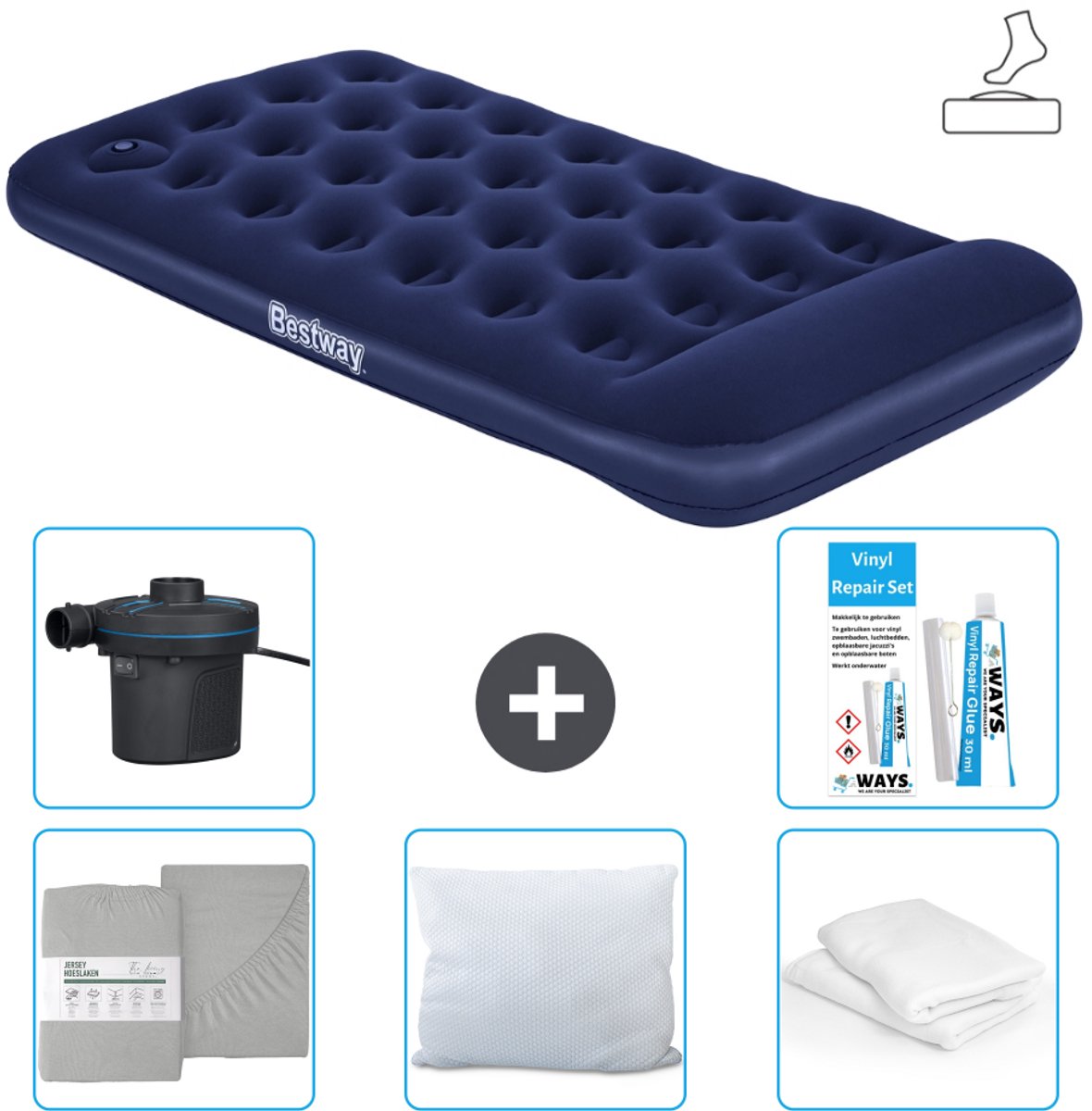 Bestway luchtbed - 1-Persoons - 99 x 188 x 28 cm - Blauw - Inclusief pomp - Hoeslaken - Kussen - Kussenbeschermer - Pomp en Reparatieset