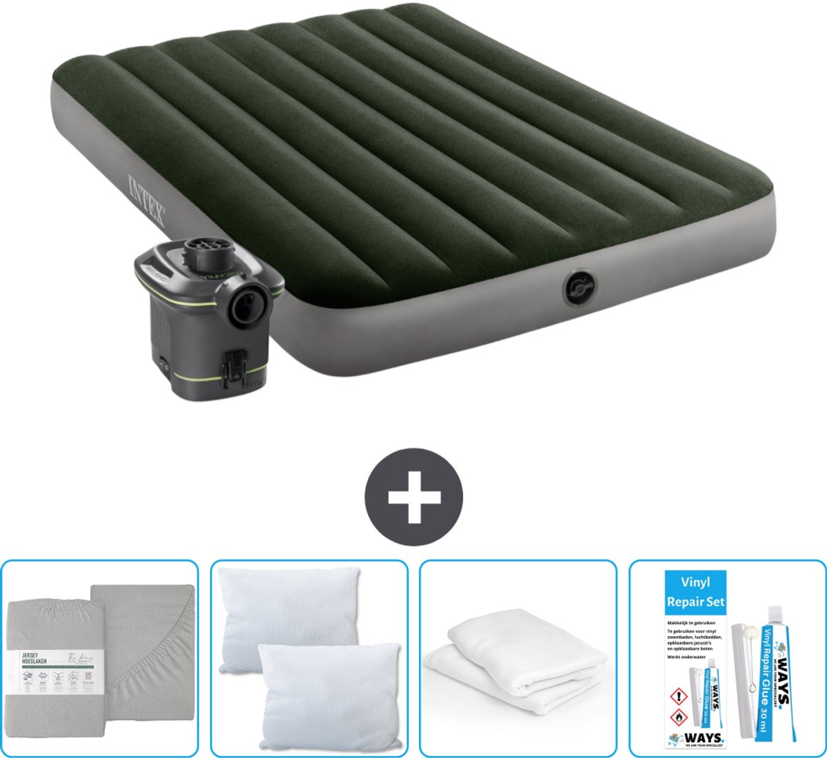 Intex Luchtbed - Twijfelaar - 137 x 191 x 25 cm - Groen - Inclusief pomp - Hoeslaken - Kussen - Reparatieset en Kussenbeschermer