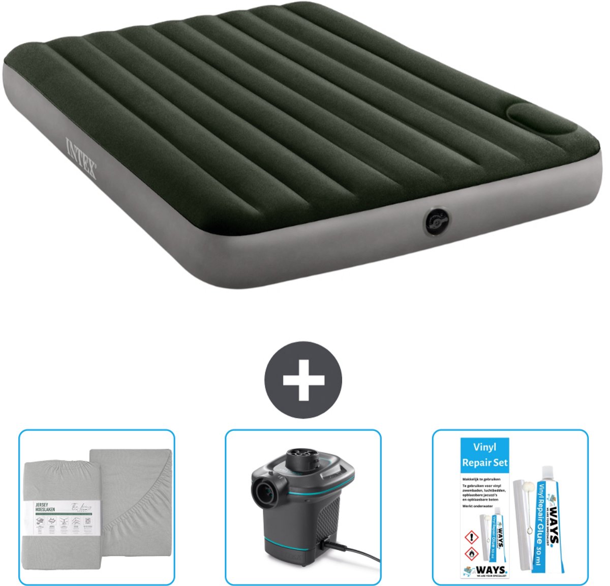 Intex Luchtbed - 2-Persoons - 152 x 203 x 25 cm - Groen - Inclusief Hoeslaken - Pomp en Reparatieset