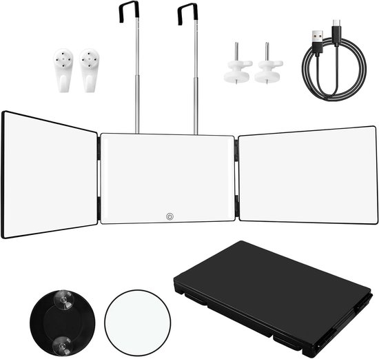 Hangende 3-weg Opvouwbare Spiegel Met Haak Voor Het Knippen Van Haar Scheren Make Up Zonder Led Zwart