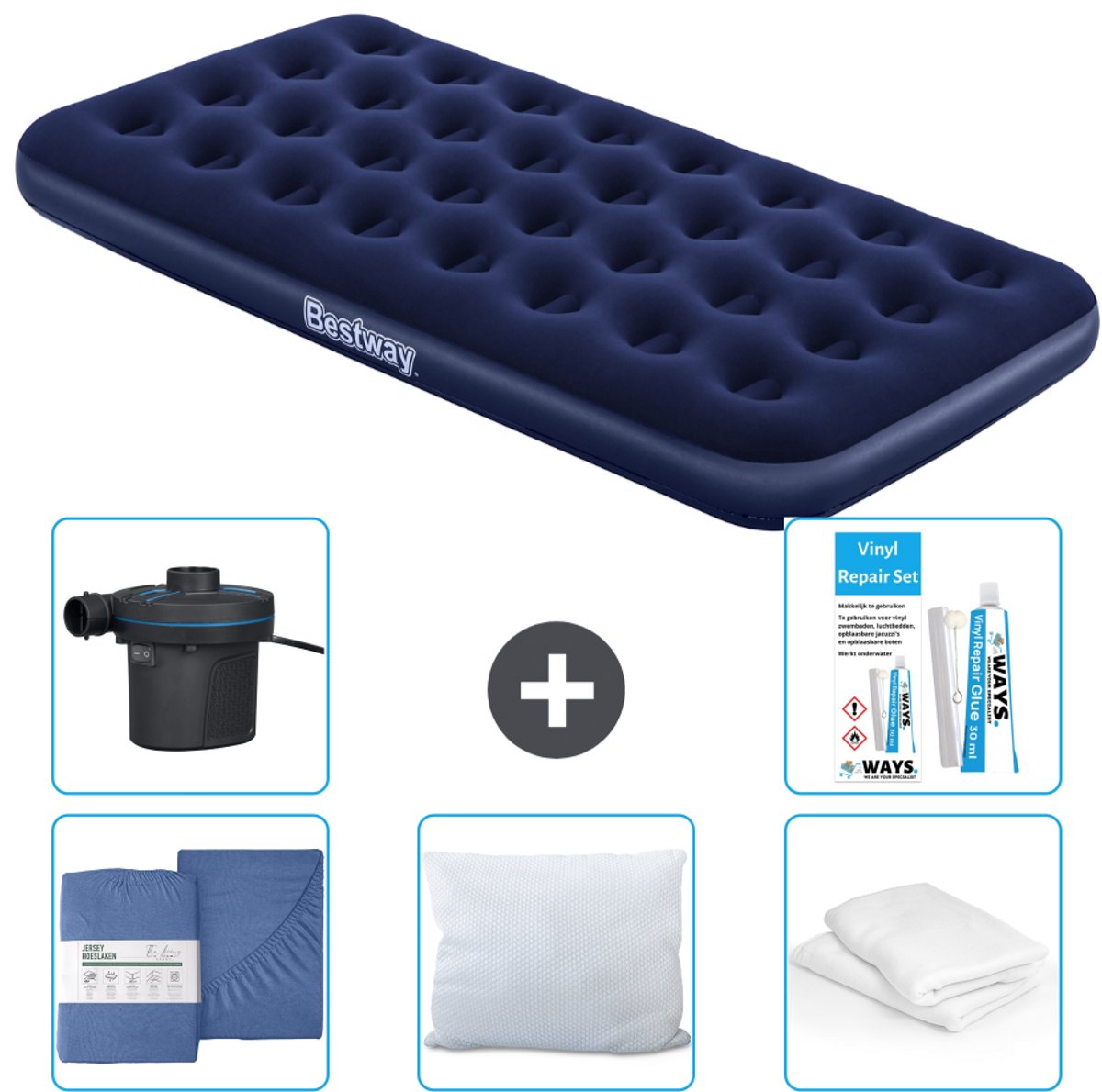 Bestway luchtbed - 1-Persoons - 99 x 188 x 22 cm - Blauw - Inclusief Hoeslaken - Kussen - Kussenbeschermer - Pomp en Reparatieset