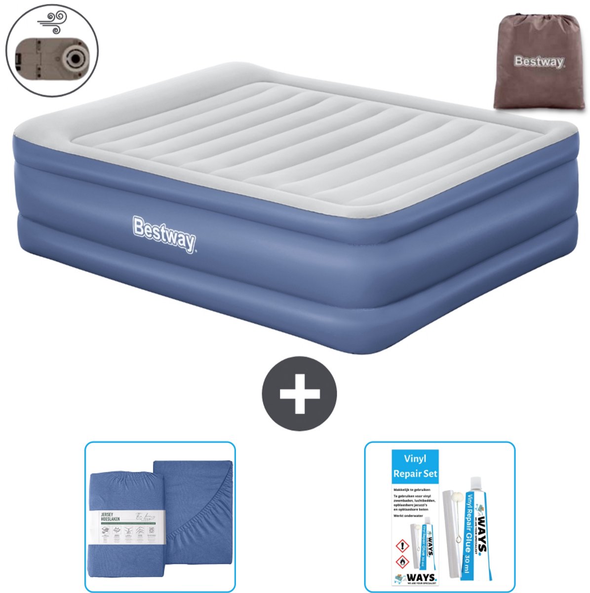 Bestway luchtbed - 2-Persoons - 152 x 203 x 61 cm - Grijs/Blauw - Inclusief pomp - Hoeslaken en Reparatieset