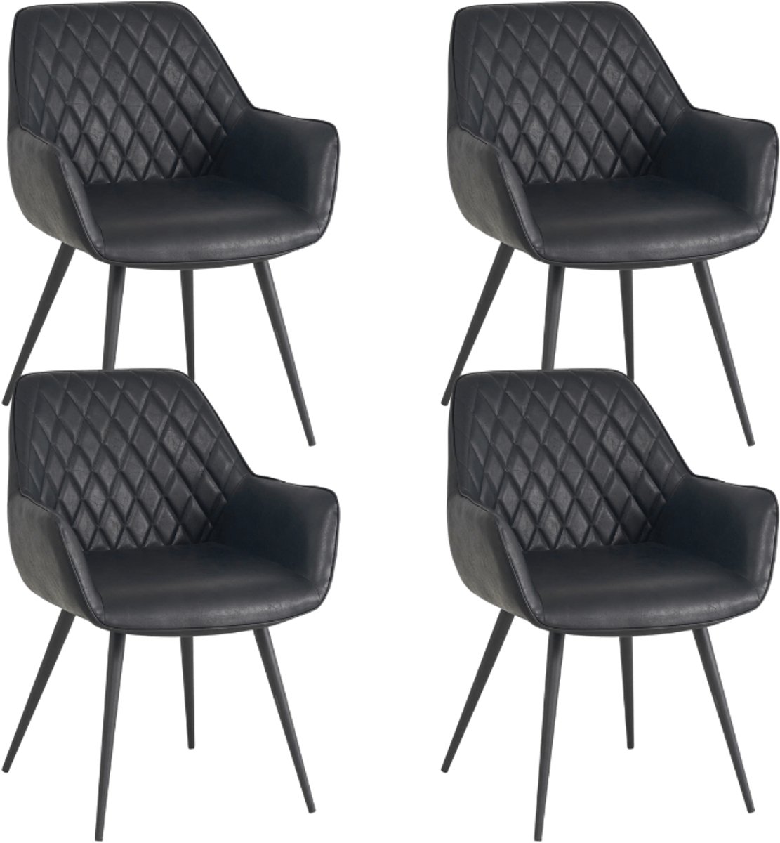 Dimehouse Set van 4 Industriële Eetkamerstoelen Cara Zwart Ruitpatroon - Kunstleer - Met Armleuning - Kunstleer - Industrieel