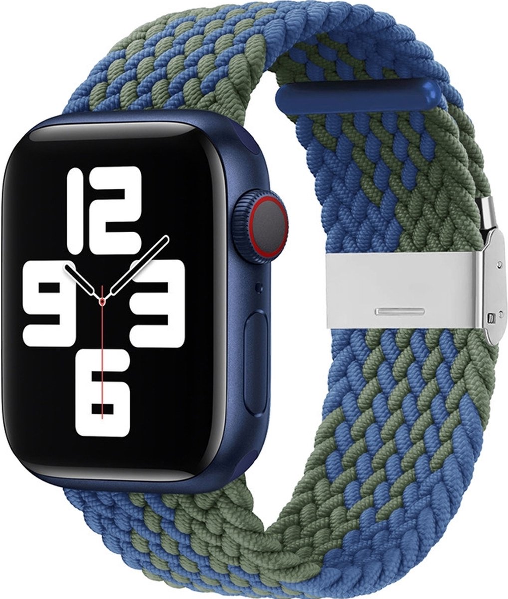 Mobigear Nylon Watch bandje geschikt voor Apple Watch Bandje Klemsluiting | Mobigear Braided - 42/41/40/38 mm - Blauw / Groen