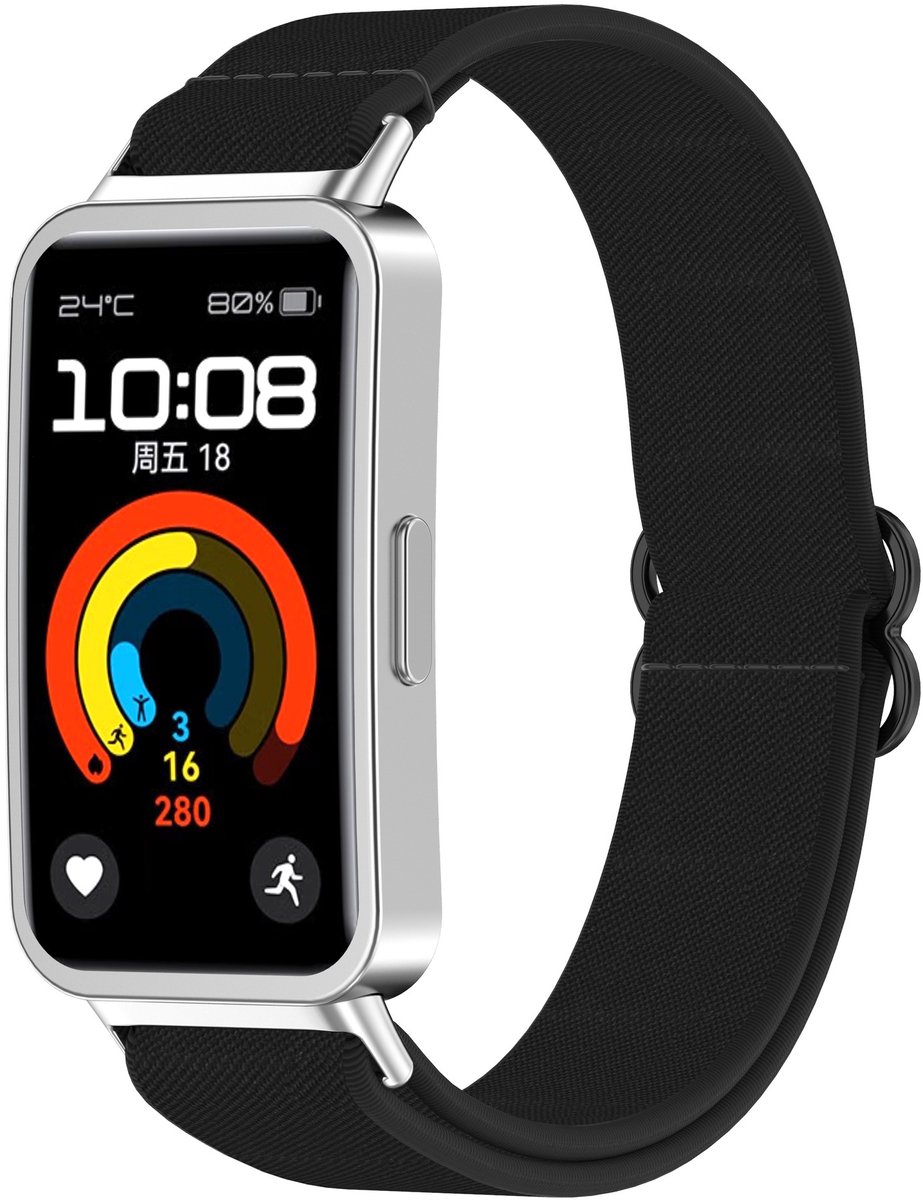Strap-it Elastisch nylon bandje - geschikt voor de Huawei Band 8 / Band 9 / Band 10 (zwart)