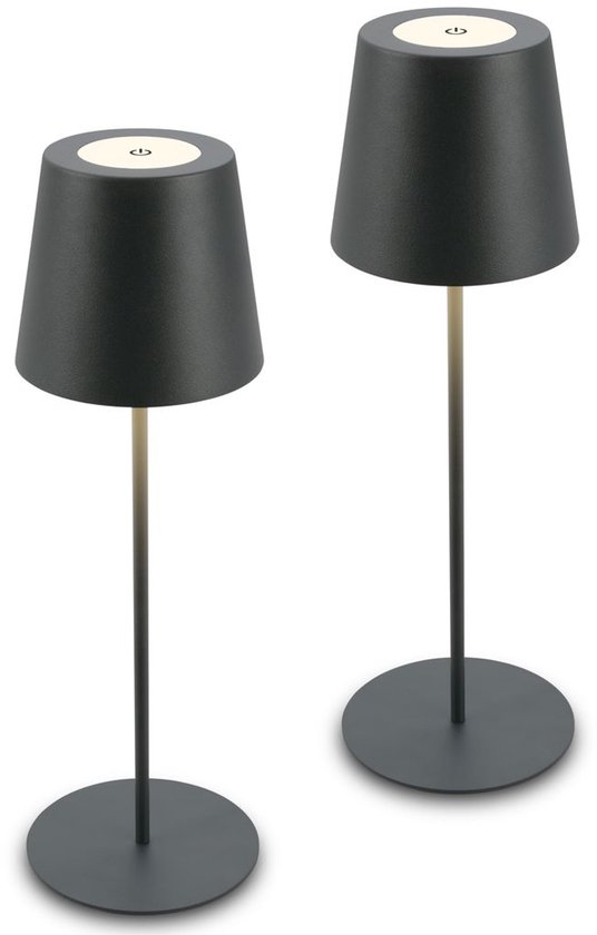 Deux lampes de table gris anthracite avec base ronde et abat-jour conique.