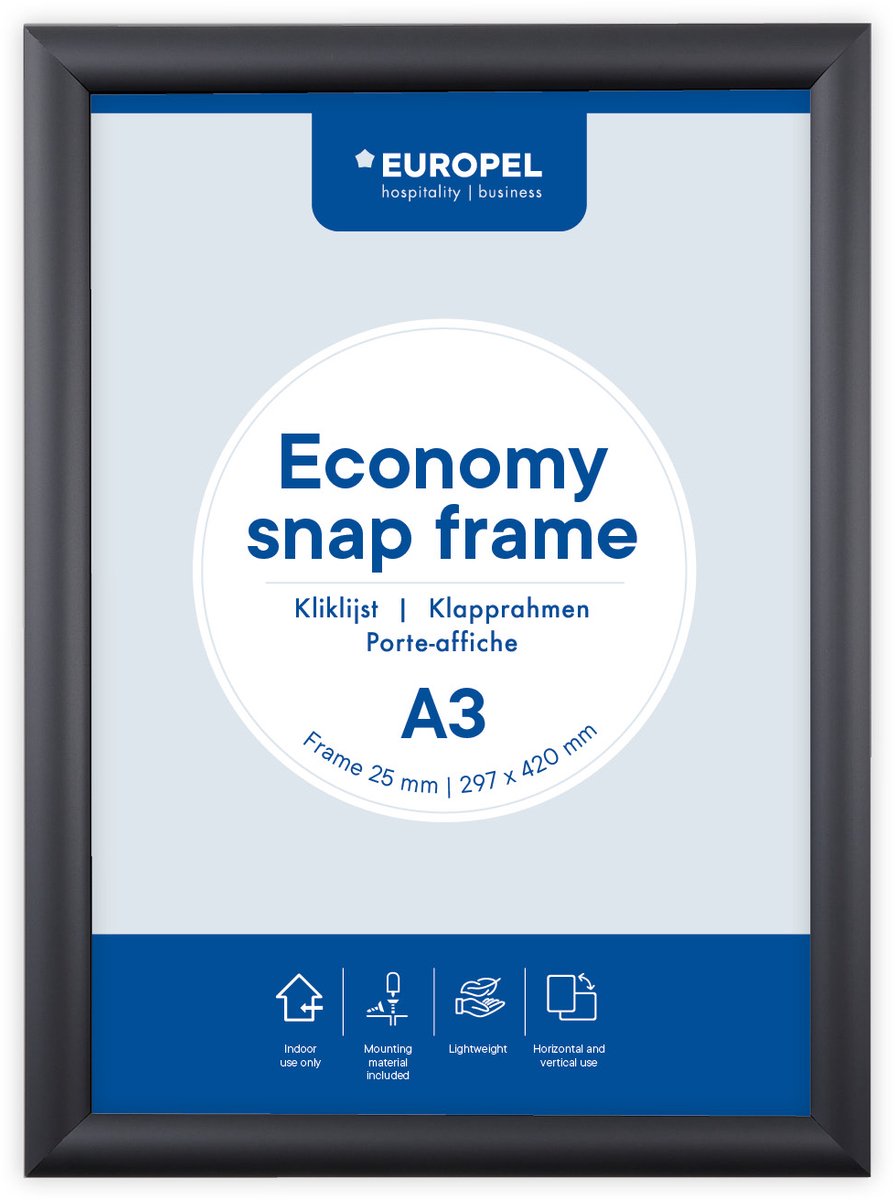 Europel Economy Kliklijst – Posterlijst – A3 – 29,7 x 42 cm – 25mm – Aluminium – Zwart