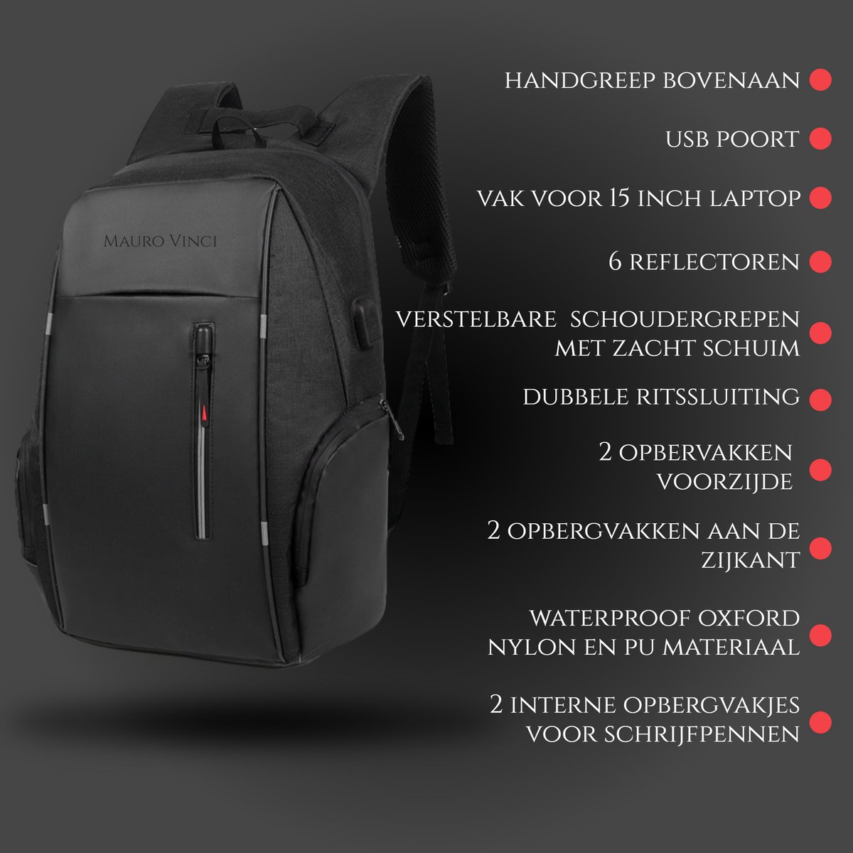 Rugzak Heren zwart 28L – Laptop Rugzak 15.6 Inch – Waterdichte Backpack met USB & Slot – Anti Diefstal – Schooltas & Werk Rugzak – Heren & Dames – Zwart Mauro Vinci® Motion – foto 6
