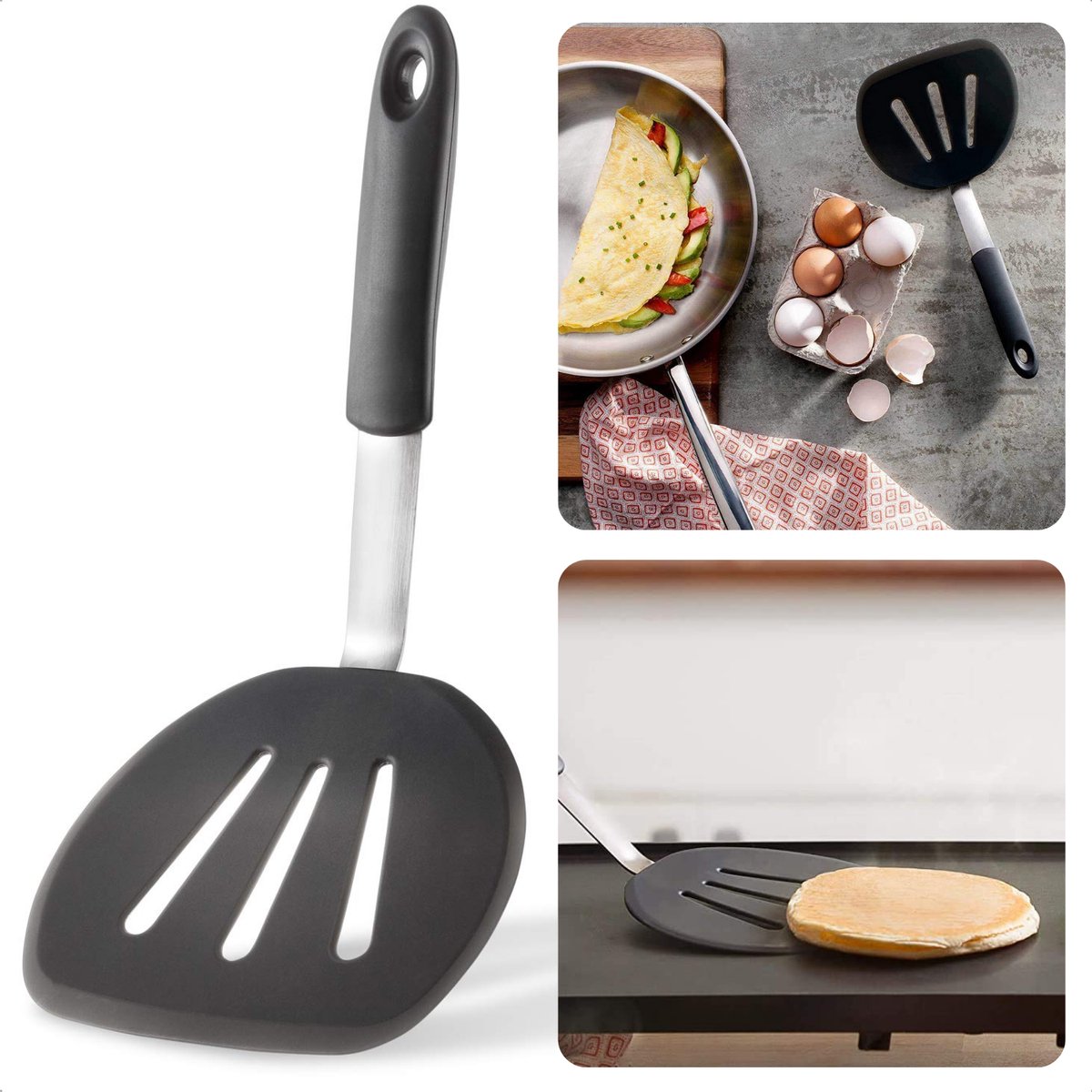 Cheqo® Spatel 30 cm - Hittebestendig RVS/Siliconen - Zwart Keukengerei