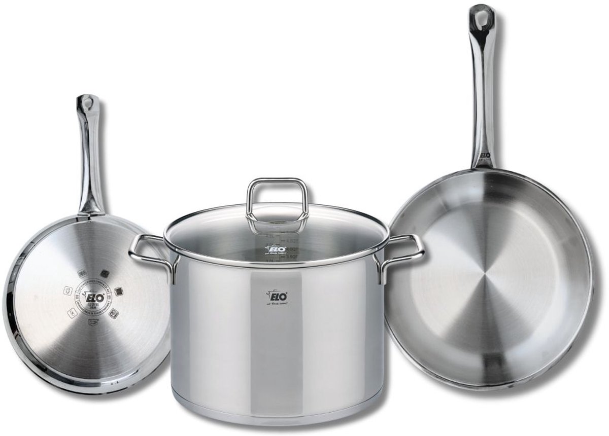 Set van 2 Koekenpannen 24 en 28 cm en 1 kookpan 26 cm Elo Profi Citrin