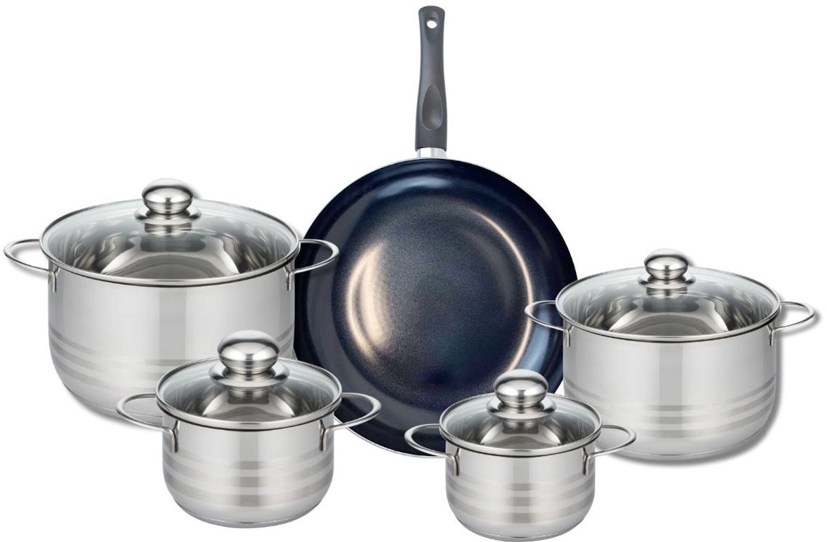 Set van 1 Koekenpan 28 cm en 5 kookpotten 12, 14, 16, 20 en 24 cm Elo Prima Glanzend