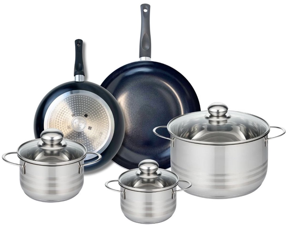Set van 2 Koekenpannen 24 en 28 cm en 3 Kookpotten 14, 16 en 24 cm Elo Prima Brillant