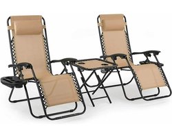 Asaam Garden ligstoelset met tafel- Opklapbaar- Verstelbaar,- Zero Gravity fauteuil- Stoel, binnen/buiten- Camping Stoel-Strandstoel-Beige