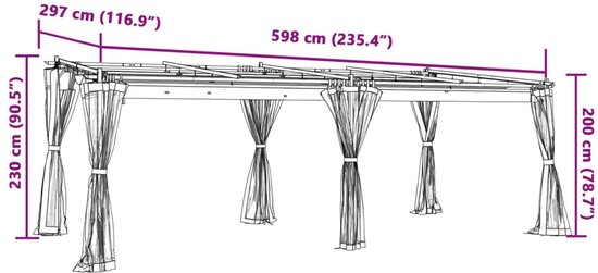 Gazebo avec parois latérales grillagées 6x3 m acier taupe