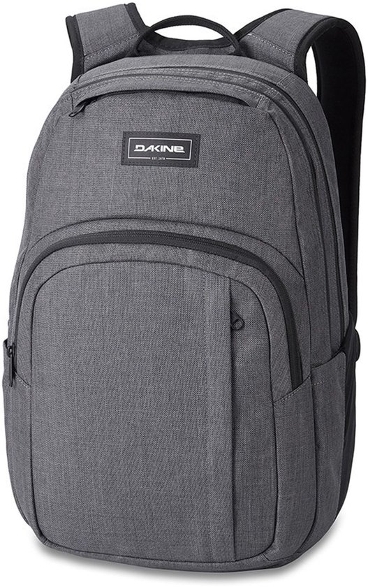 Grijze Dakine rugzak met twee hoofdcompartimenten en een laptopvak, met het Dakine logo op de voorkant.