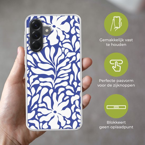 Coque de téléphone compatible avec Samsung Galaxy A56 - Motif Fleurs - Blauw - Wit - Feuilles - Coque en Siliconen