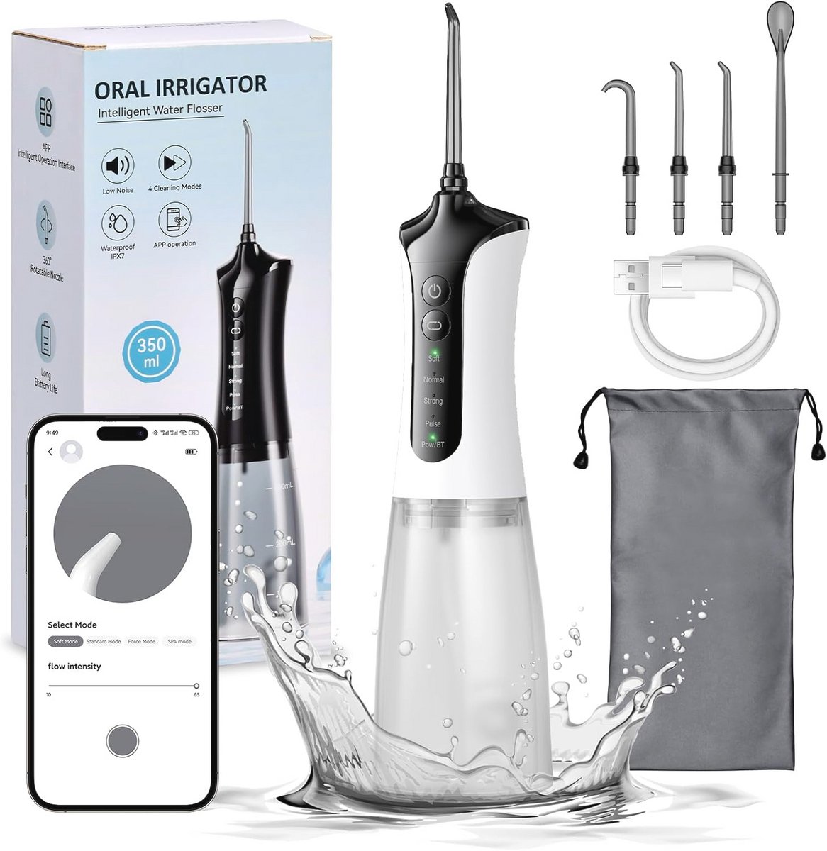 Draagbare monddouche 350 ml - Draadloos, Waterdicht IPX7, 4 Modi en Sproeiers, Oplaadbaar voor Thuis en Reis