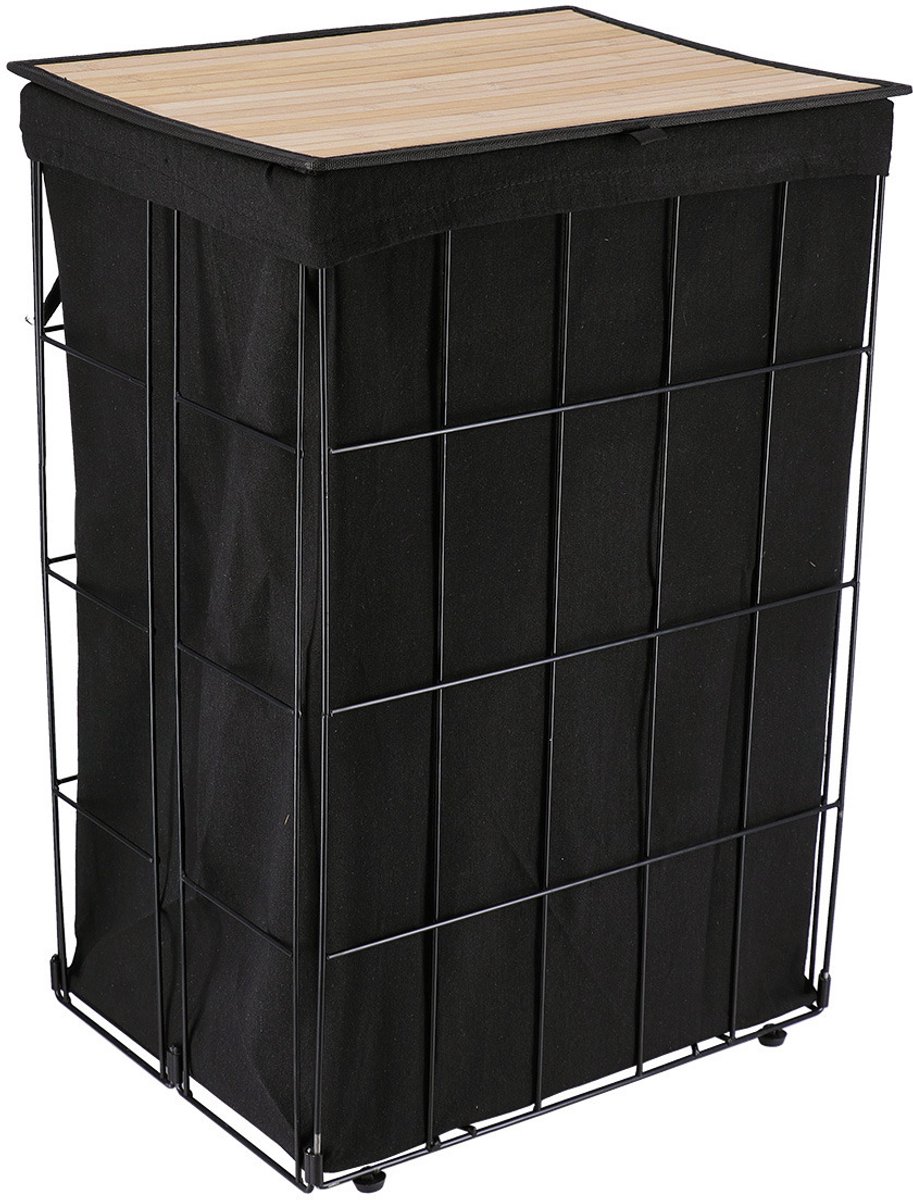 Tendance Wasmand met deksel Bamboe - zwart - metaal- 60 liter - 40 x 30 x 60 cm