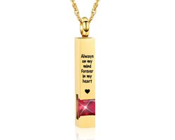 Luxe Ashanger | Met Ketting En Gravering | Always On My Mind Forever In My Heart | Assieraad | Goudkleurig Met Rode Steen | As Ketting | Gedenksieraad | Urn | Incl. As vuller