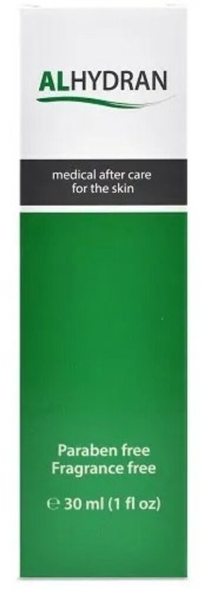 ALHYDRAN doosje. Groen met witte opdruk. Medische nazorg voor de huid. Parabenenvrij, geurvrij. 30 ml.