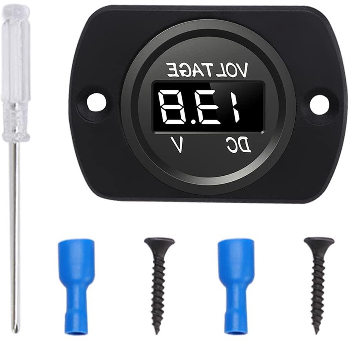 Waterdichte Auto Voltmeter met LED Digitale Display en Montageplaat Ronde Spanningstester Meter met Terminals voor Boot Marine Voertuig Motorfiets Vrachtwagen ATV UTV Wit - DC 12V 24V