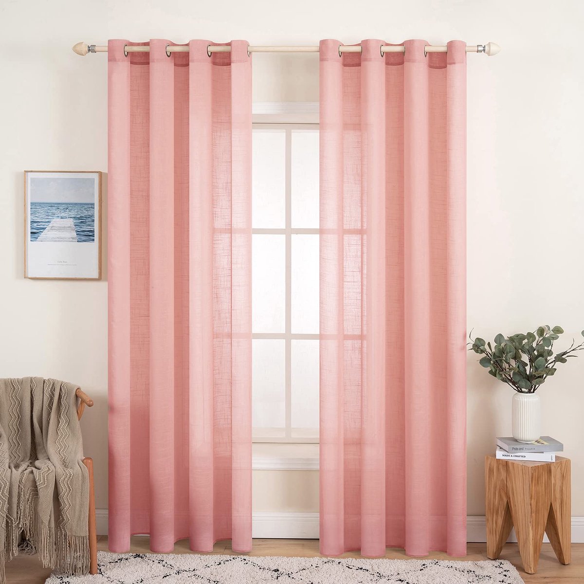 Ibenzoa Set van 2 Transparante Voilegordijnen met Oogjes, Linnenlook, Roze, 140x280cm