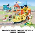 LEGO Duplo trein met gele locomotief, wagon, oranje kraan en stations.