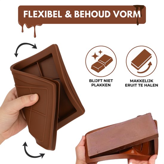Bruine siliconen chocoladevorm, flexibel en vormvast. Met afbeeldingen van niet-plakkende en makkelijk te verwijderen chocolade.
