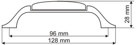 Technische tekening van kastgreep met afmetingen: 96 mm boorgatafstand, 128 mm totale lengte, 28 mm hoogte.