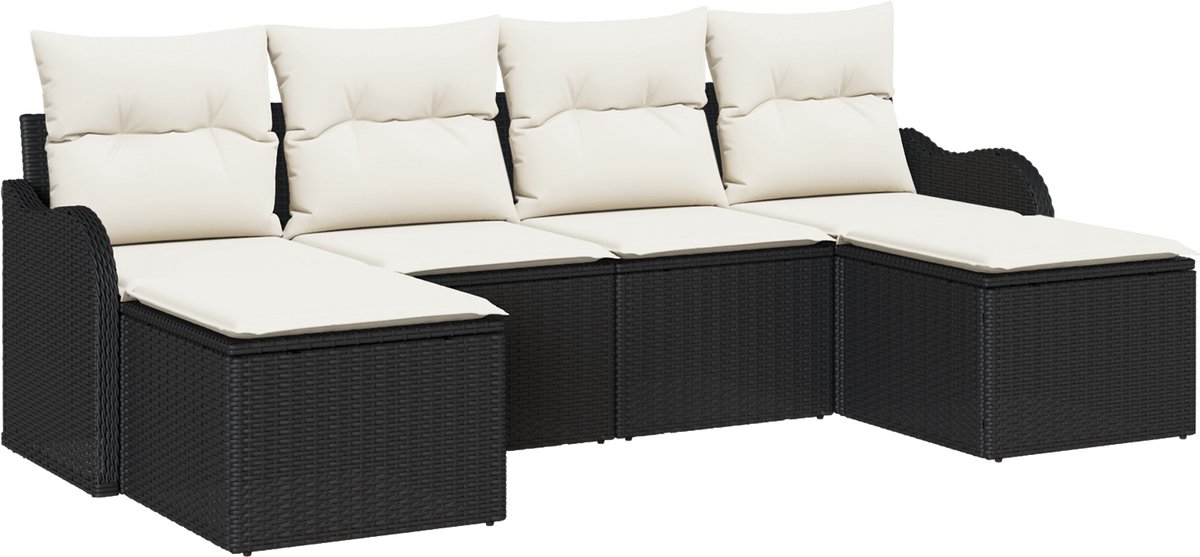 vidaXL - Tuinbank - Set - met - kussen - 6 - pcs - Zwart - en - wit - Poly - rattan
