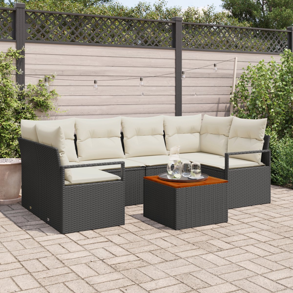vidaXL - Tuinbank - Set - met - kussen - 7 - pcs - Zwart - poly - rattan