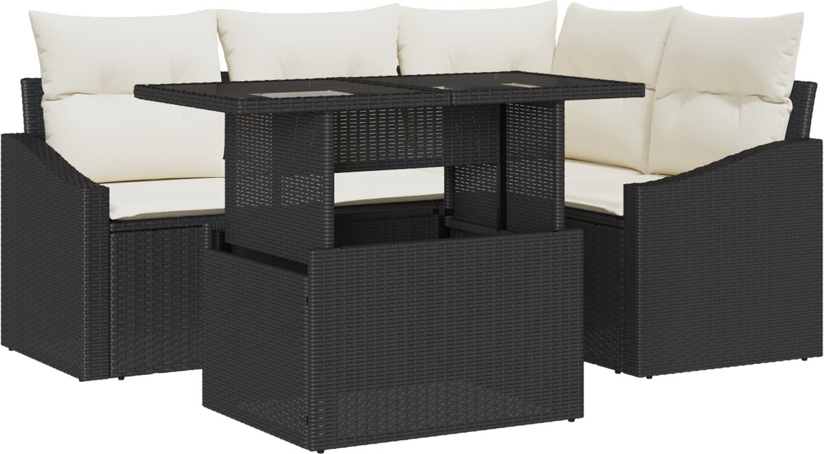 vidaXL Tuinbank - Set - 5 - st - Zwart - en - Crème - poly - rattan Zwart en crème