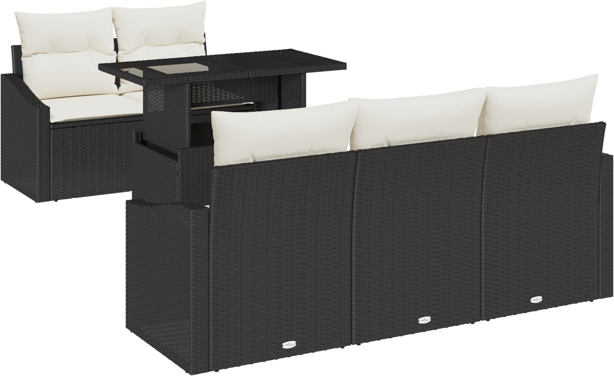 vidaXL - Tuinbank - Set - met - kussen - 6 - pcs - Zwart - en - crème - poly - rattan