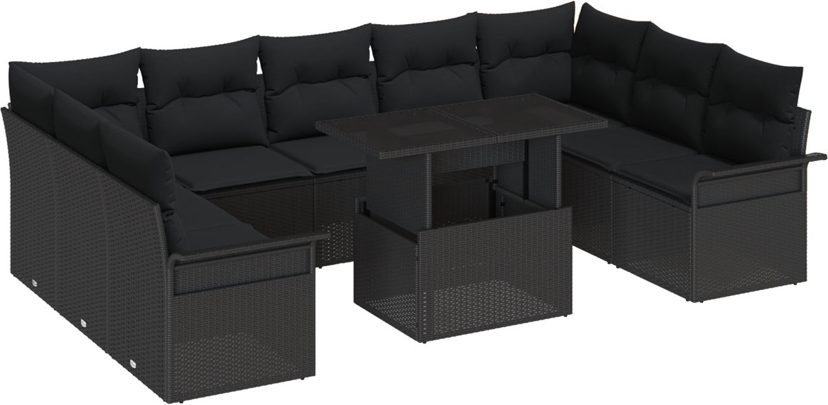 vidaXL - Tuinbank - Set - met - kussen - 10 - pcs - Zwart - Poly - rattan