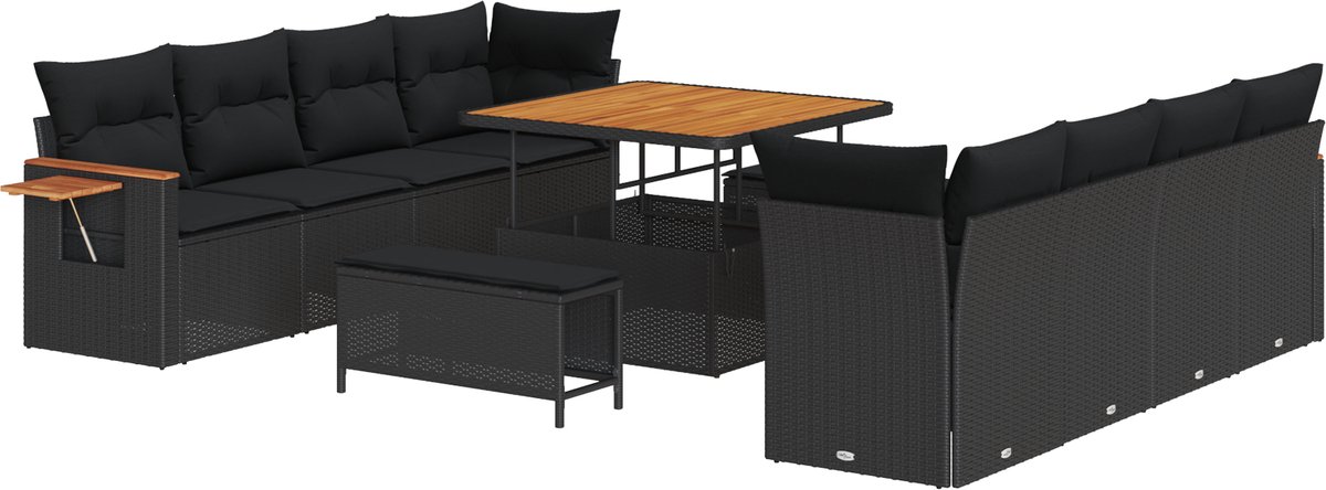 vidaXL - Tuinbank - Set - 11 - pcs - Zwart - Poly - Rattan - en - Poedergecoat - Staal