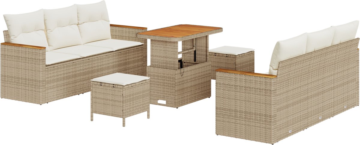vidaXL - Tuinbank - Set - 9 - pcs - Beige - poly - rattan