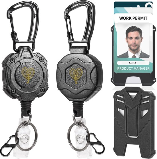 Foto: 2 stuks heavy duty uittrekbare sleutelhanger met pasjeshouders trekkoord pashouder voor dames heren broekclip badgehouder 80cm intrekbaar uitrolbare karabijnhaak sleutelkoord clip sleutel koord uitrekbaar id badges keykoord kecord zwart
