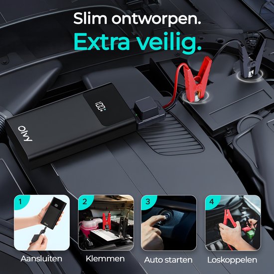 Zwarte Olvy jumpstarter aangesloten op een autobatterij, met instructies voor aansluiten, klemmen, starten en loskoppelen.