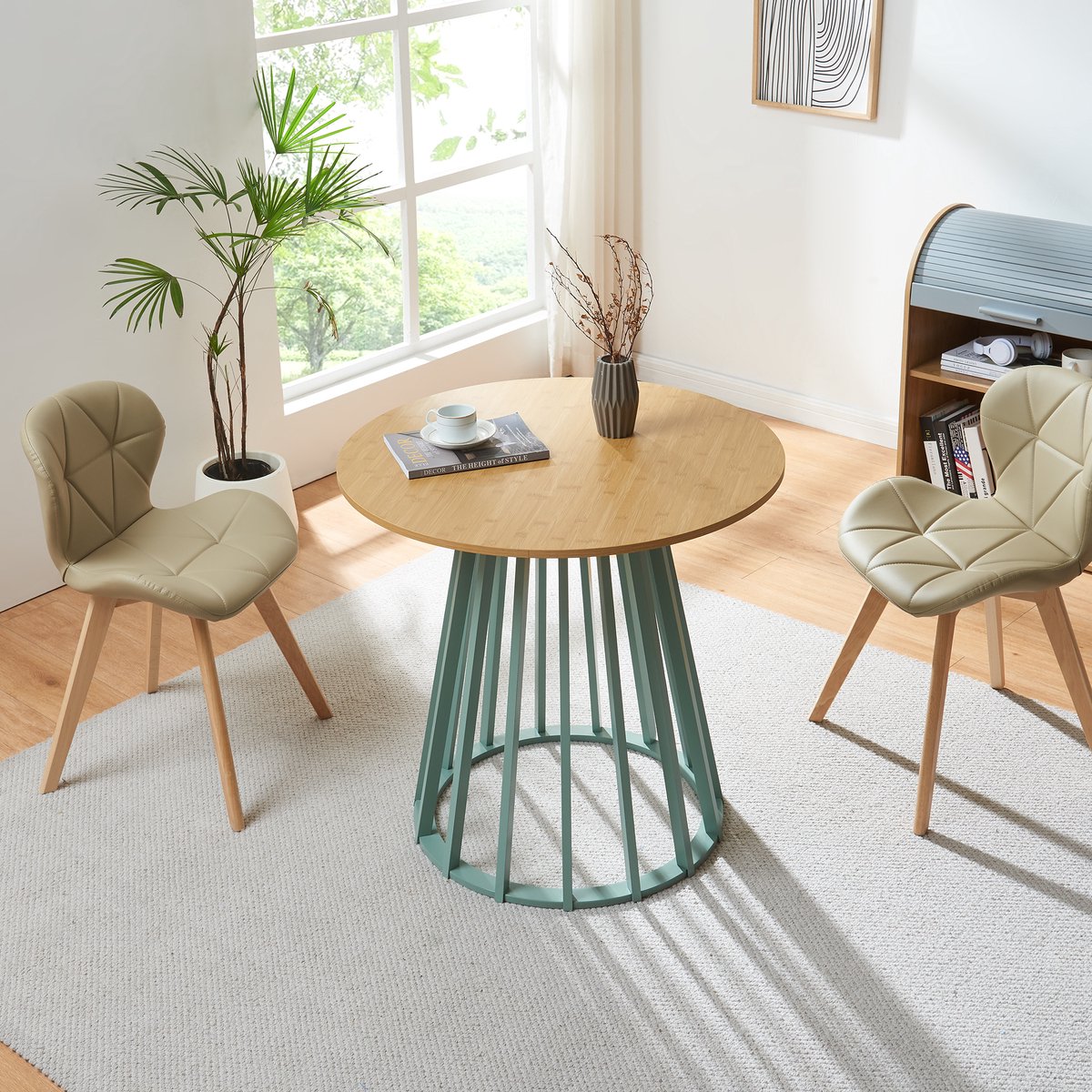 Eettafel Lensuu rond eikenkleurig en pastelgroen 80x76 cm [en.casa]