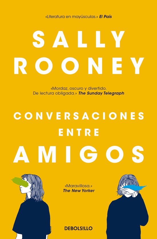 Livre 'Conversaciones entre amigos' de Sally Rooney, couverture jaune avec deux illustrations de têtes de femmes.