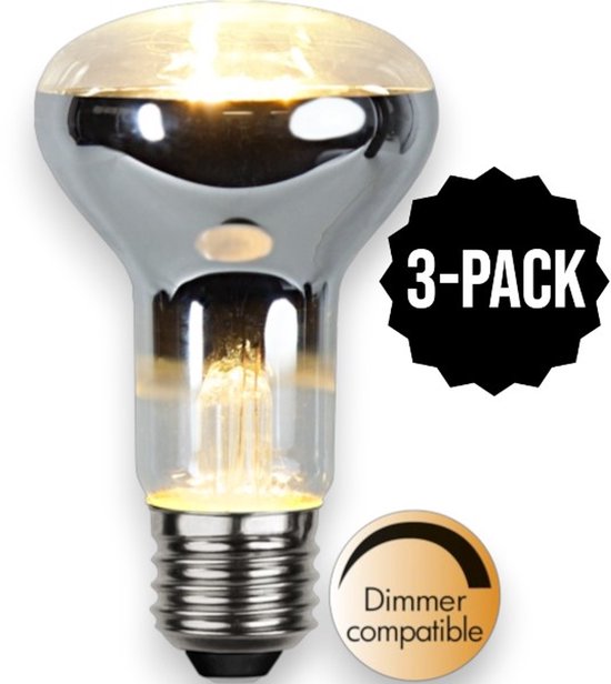 Une ampoule réflecteur R63, 4W, avec capuchon chromé et verre transparent. Pack de 3, dimmable.